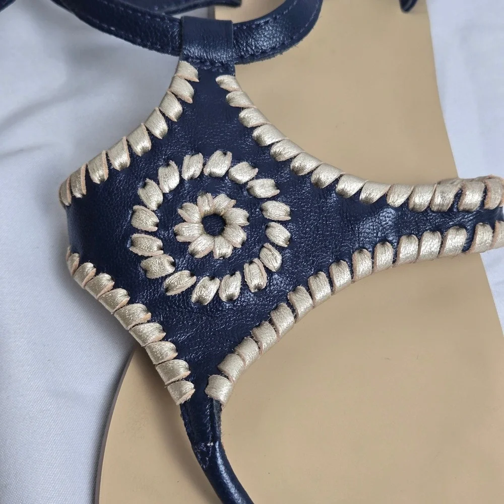 Jack Rogers Maci Slingback Sandals Navy Blue Beige Whipstitching Coastal 6.5M